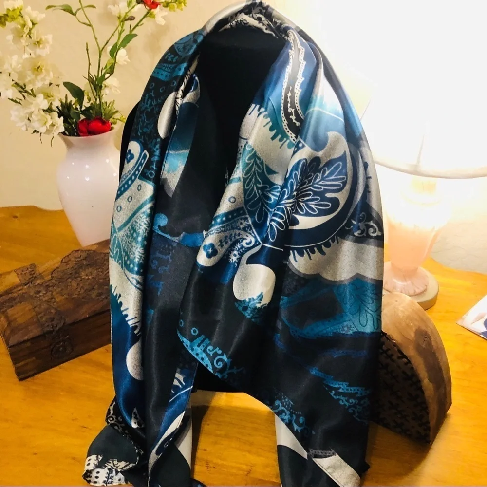 Retro Floral Long Blue Scarf